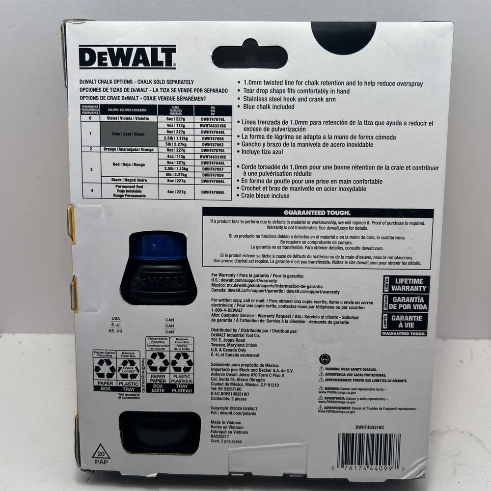 DEWALT DWHT48331BC Chalk Line Kit 100ft Stainless Hook Blue Chalk Included